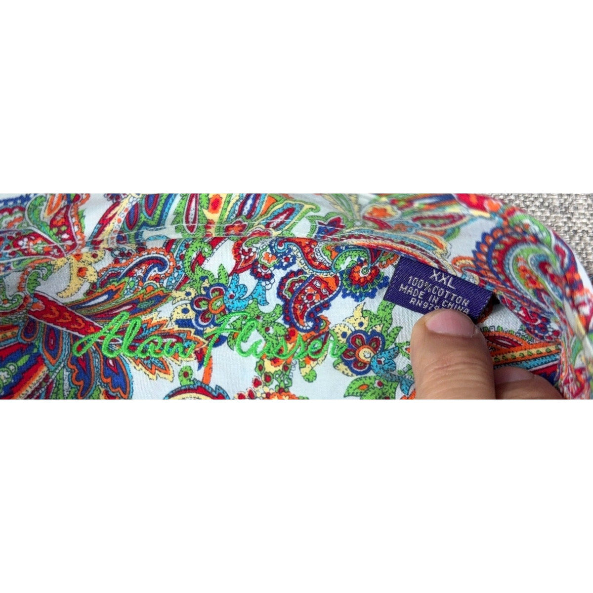 Second Half Supply Co, LLC Alan Flusser XXL paisley print cotton shirt collar label and colorful fabric detail