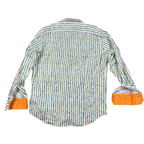Back view of Second Half Supply Co, LLC Thomas Dean paisley striped cotton shirt with bright orange flip cuffs