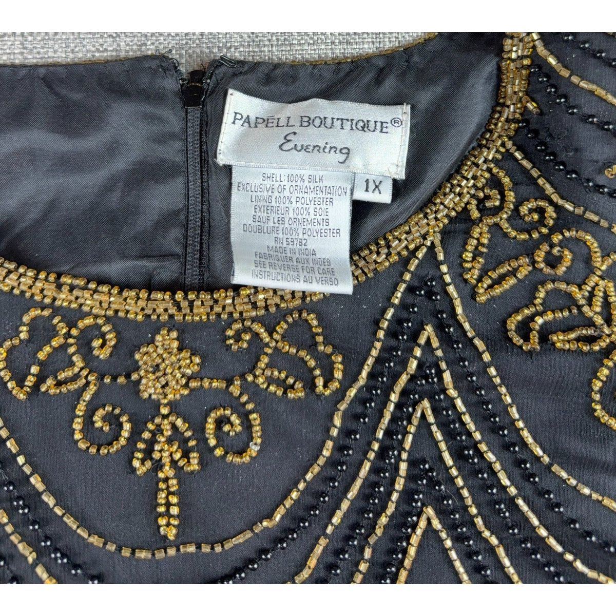 Second Half Supply Co, LLC Papell Boutique silk blouse label with intricate black and gold Art Deco beadwork