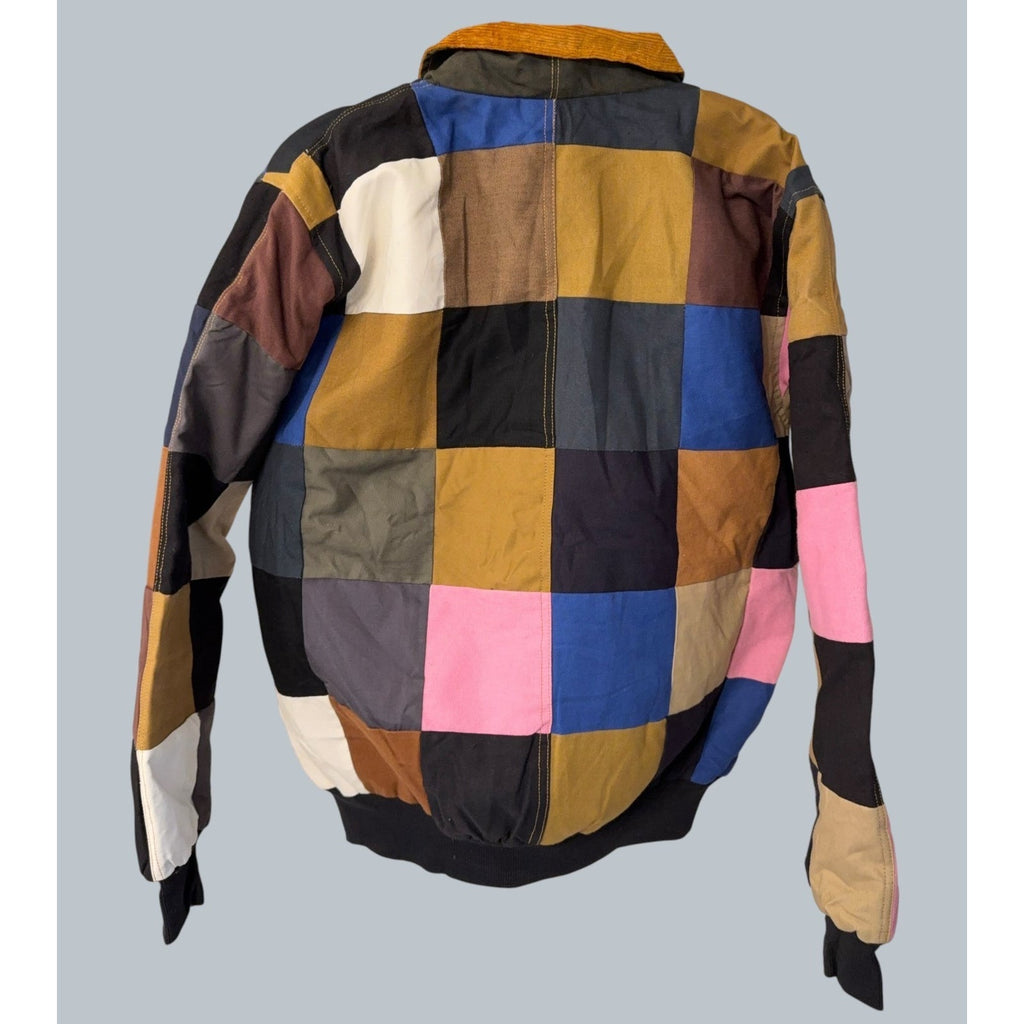 Second Half Supply Co, LLC patchwork jacket with multicolor squares, mustard corduroy collar, and black ribbed trim.