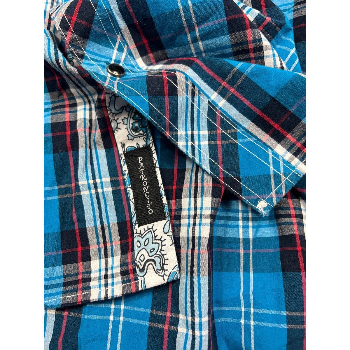 Second Half Supply Co, LLC Patroncito USA blue plaid western shirt with paisley contrast trim and snap button detail
