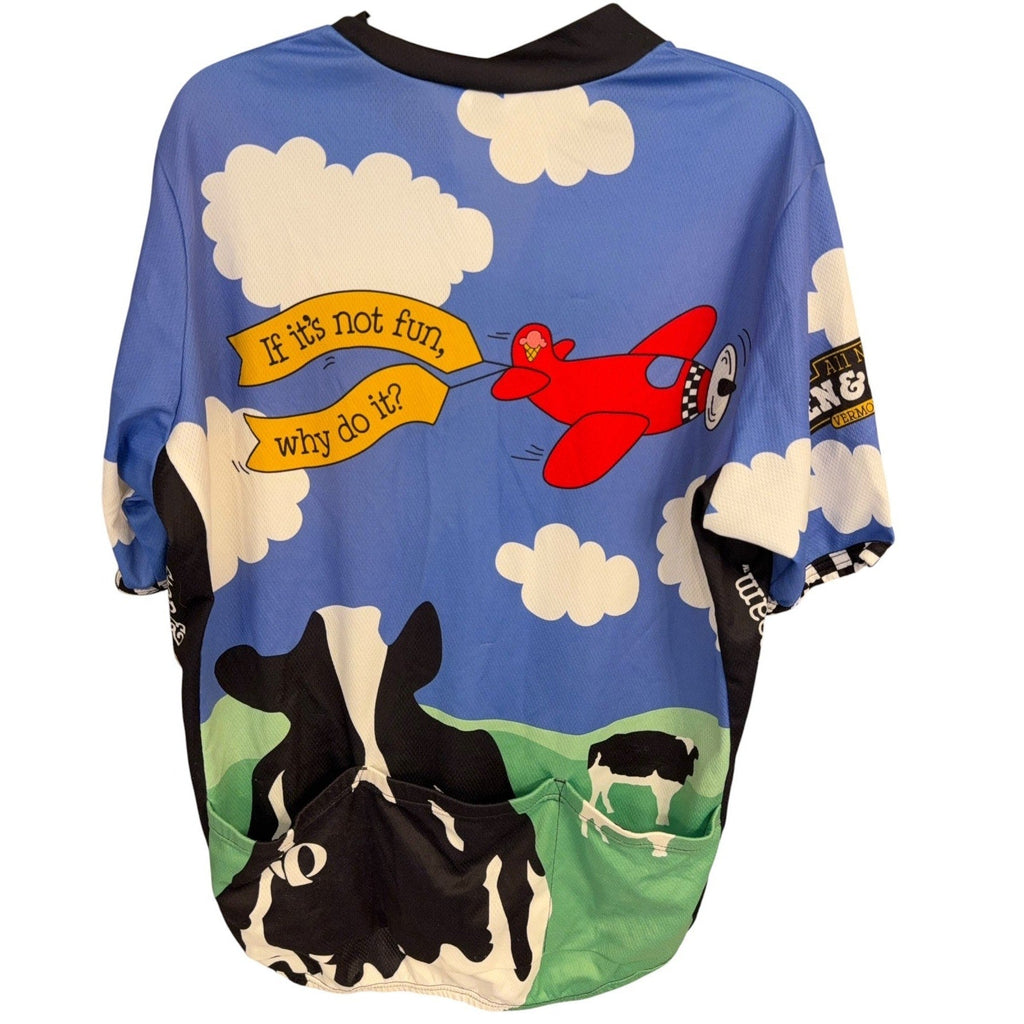 Second Half Supply Co, LLC vintage Pearl Izumi Ben & Jerry's cycling jersey featuring cow and airplane graphic