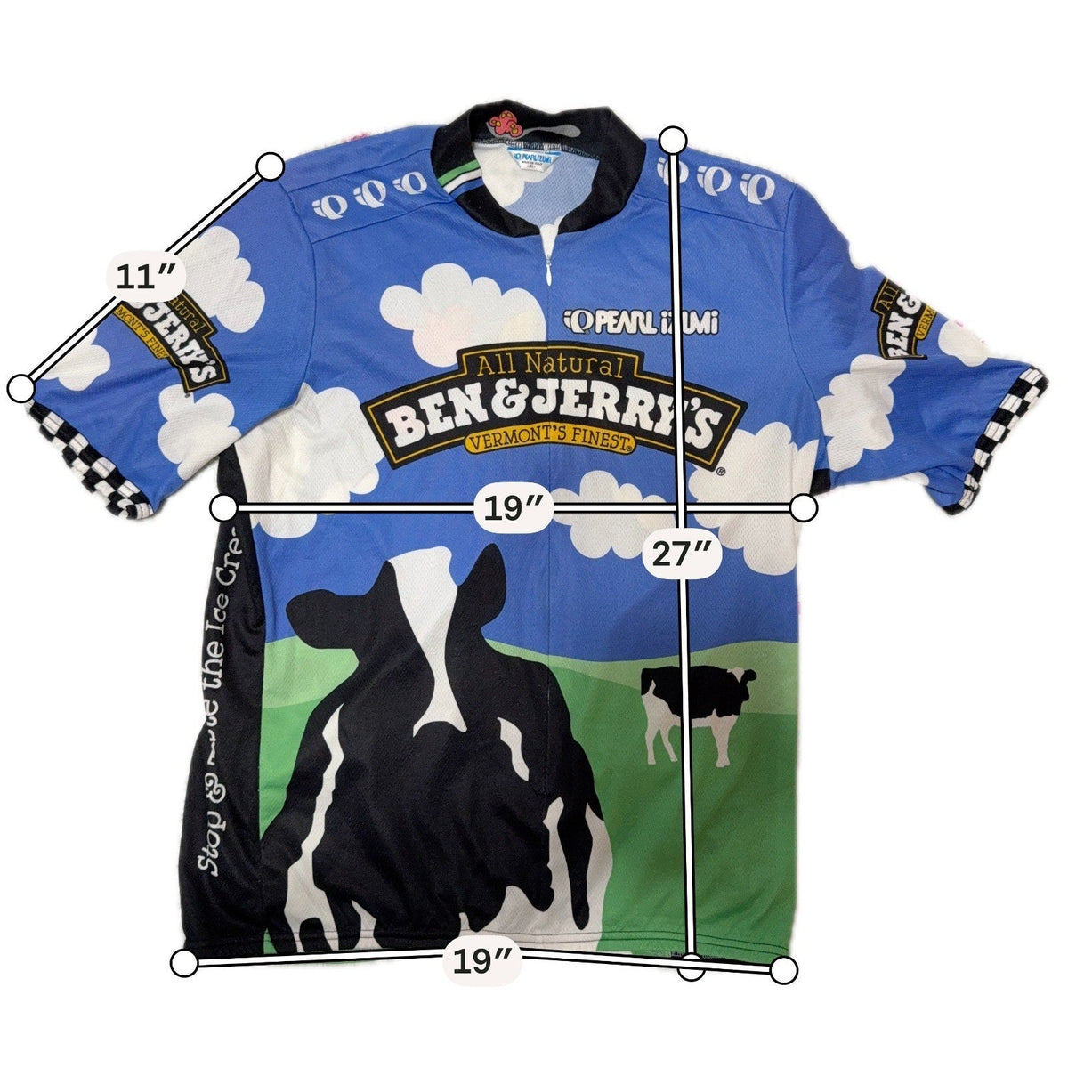 Second Half Supply Co, LLC vintage Pearl Izumi Ben & Jerry's blue cycling jersey with cow and cloud graphic print