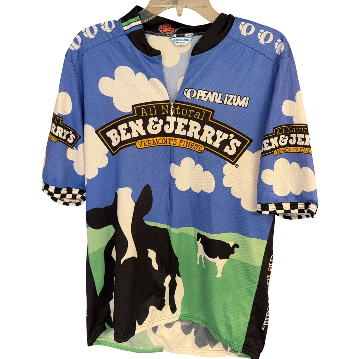 Second Half Supply Co, LLC vintage Pearl Izumi Ben & Jerry's cycling jersey with cow and cloud print in blue and green
