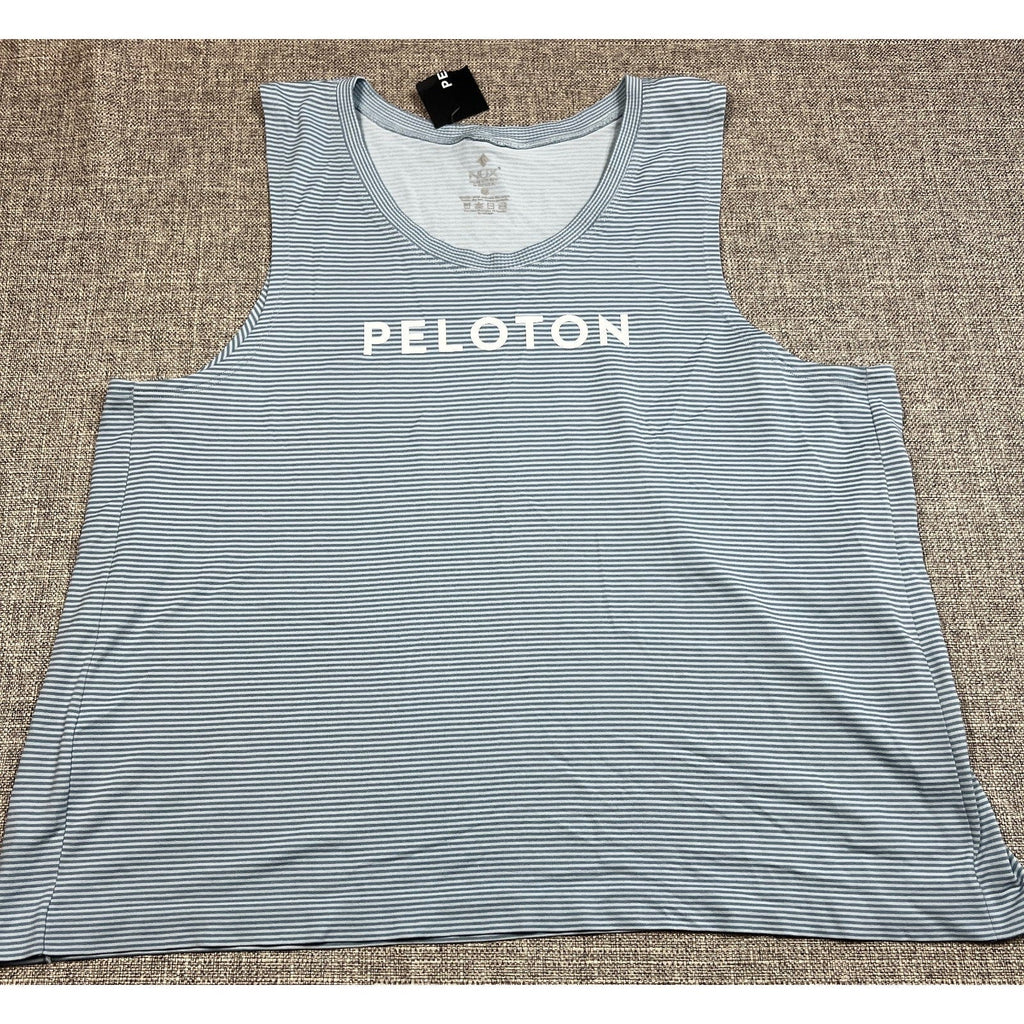 Second Half Supply Co, LLC NUX x Peloton blue and white microstripe muscle tank top with chest logo