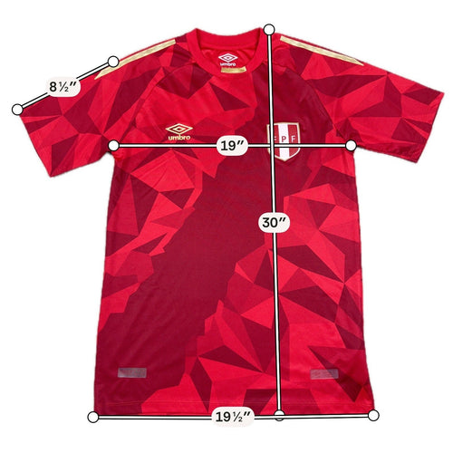 Second Half Supply Co, LLC 2018 Peru FPF World Cup third jersey in red with geometric pattern and gold details.