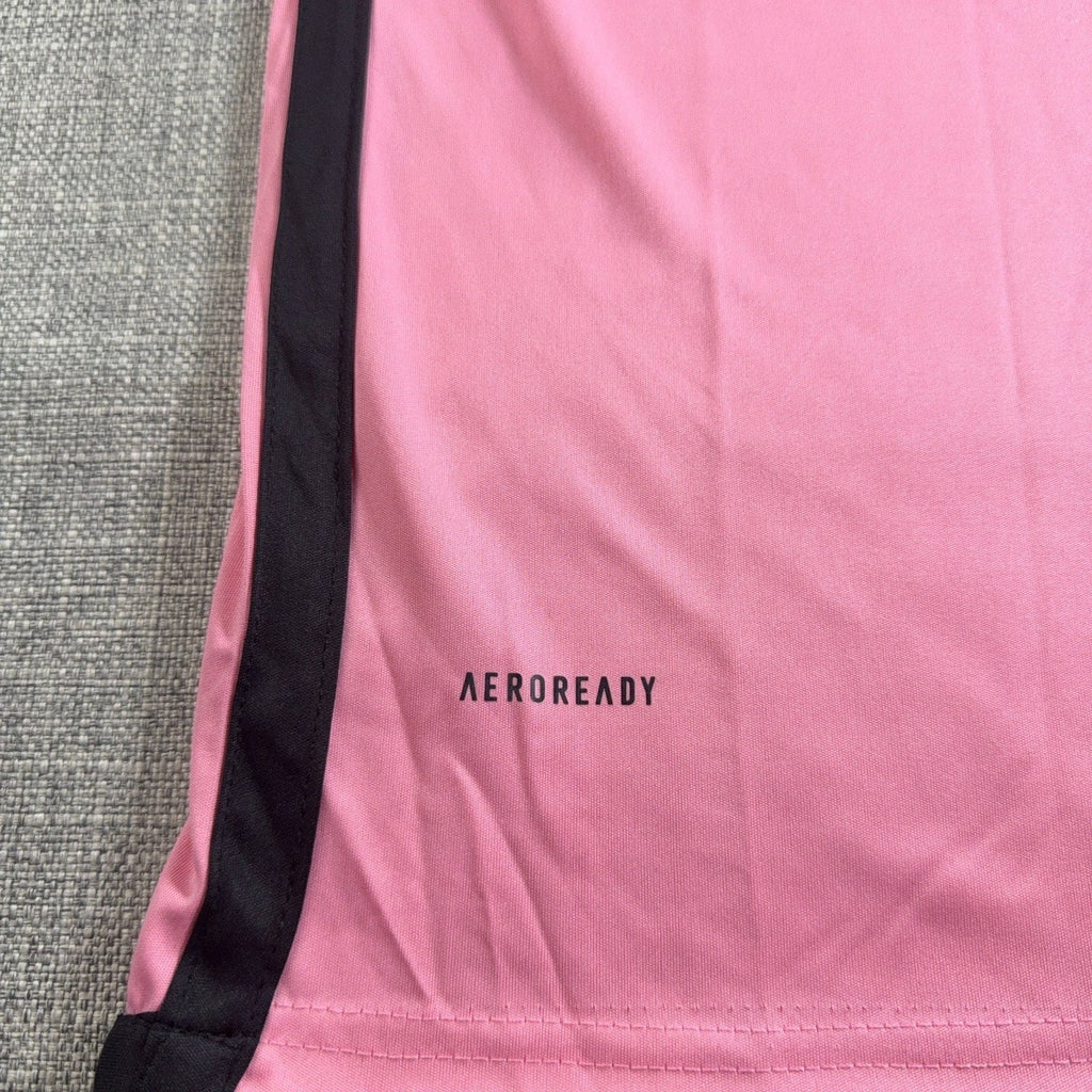 Second Half Supply Co, LLC Adidas Inter Miami CF pink AEROREADY soccer jersey hem detail with black side stripe