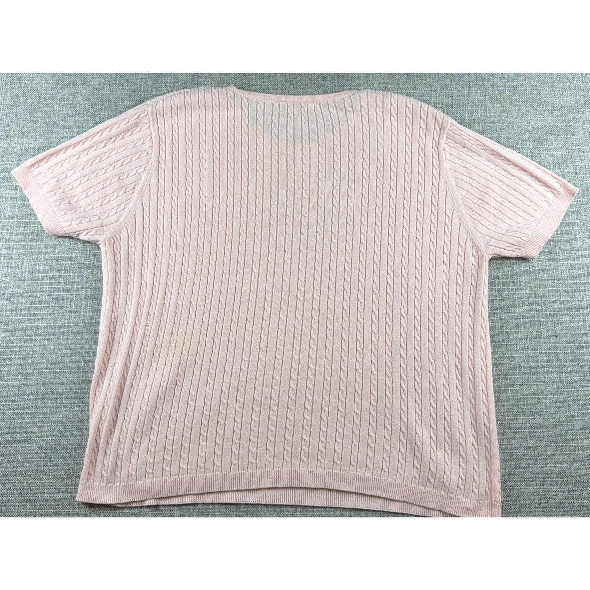 Second Half Supply Co, LLC pink cable knit short sleeve cotton sweater top with crew neck and ribbed trim