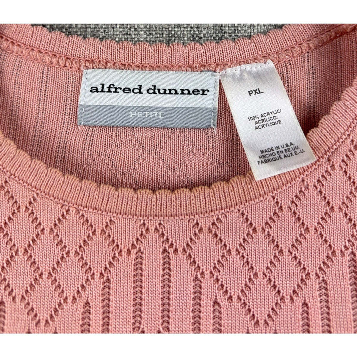 Second Half Supply Co, LLC vintage Alfred Dunner pink pointelle knit sweater label and care tag detail