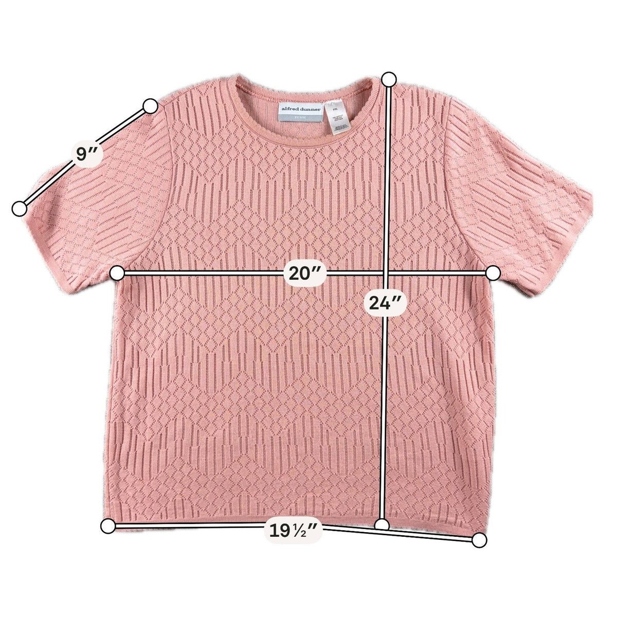 Second Half Supply Co, LLC vintage Alfred Dunner dusty rose pink pointelle knit short sleeve sweater with measurements.