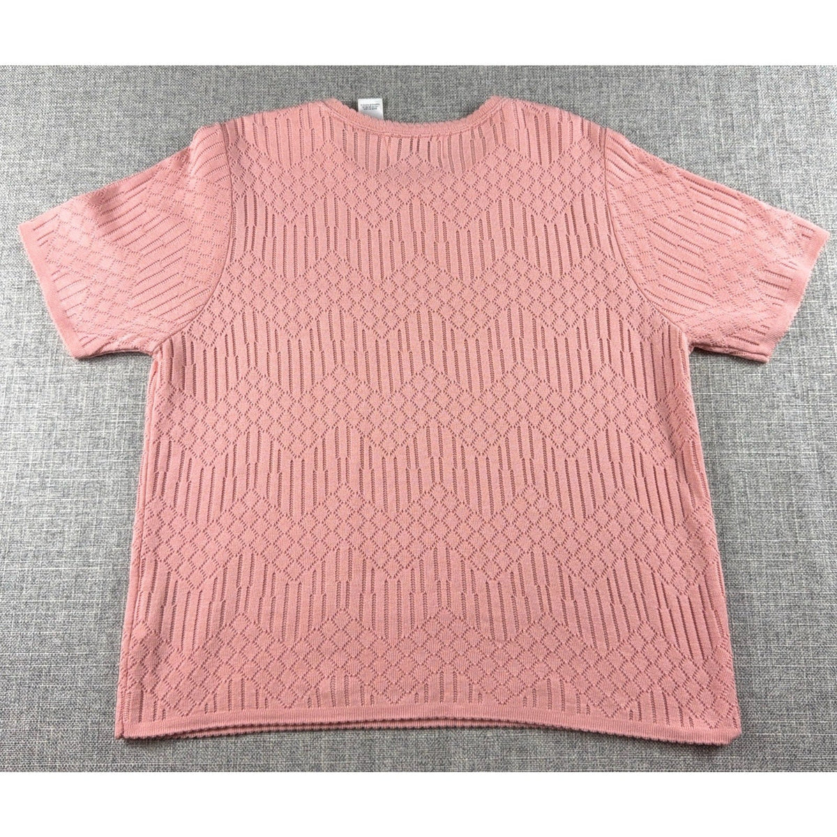 Second Half Supply Co, LLC vintage pink pointelle knit short sleeve sweater with geometric pattern