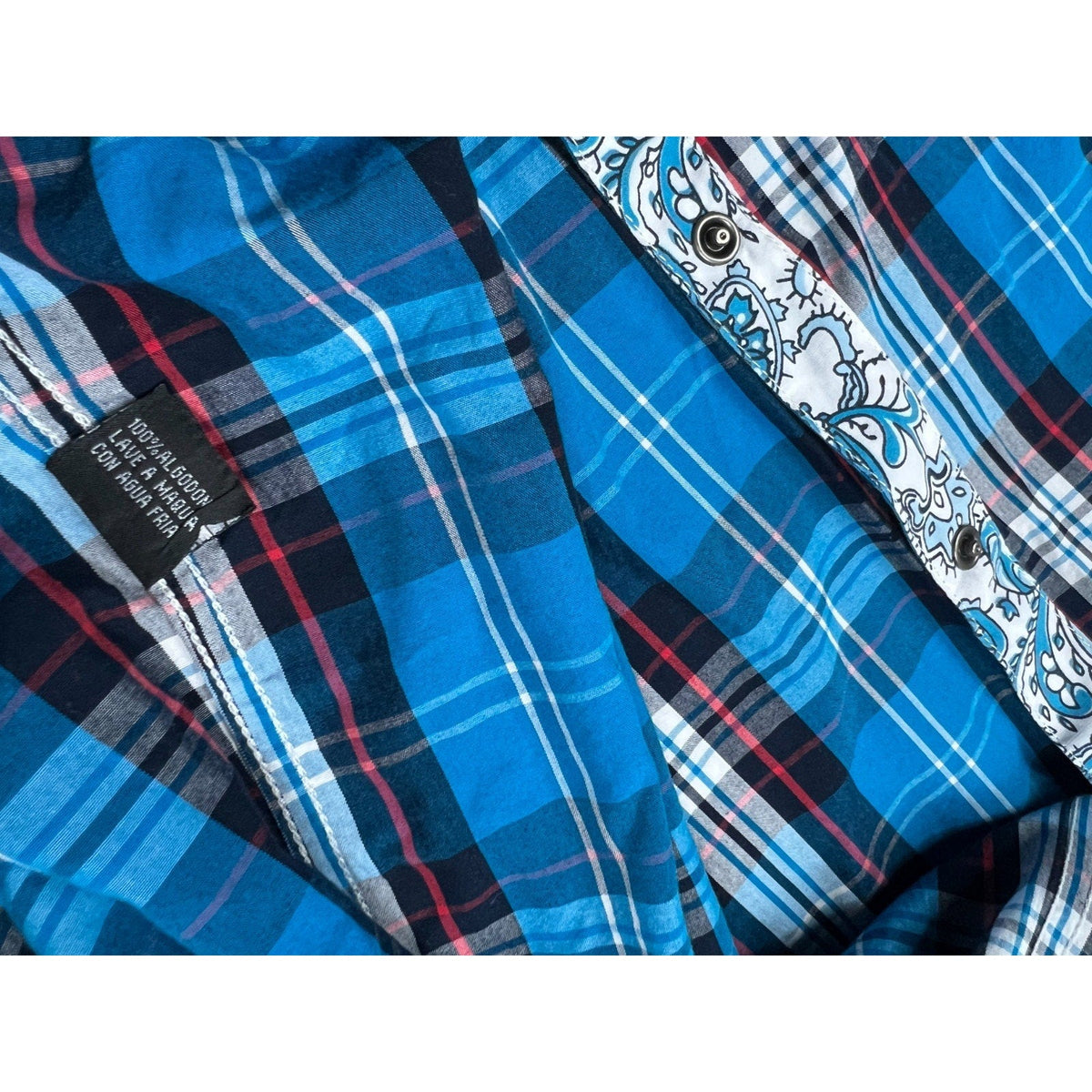 Second Half Supply Co, LLC blue plaid cotton Western shirt with paisley trim and snap buttons