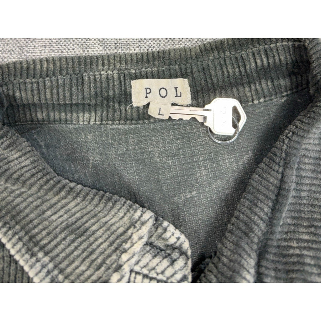 Second Half Supply Co, LLC POL brand label on a gray-green corduroy shacket with size large tag and metal key