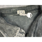 Second Half Supply Co, LLC POL brand label on a gray-green corduroy shacket with size large tag and metal key