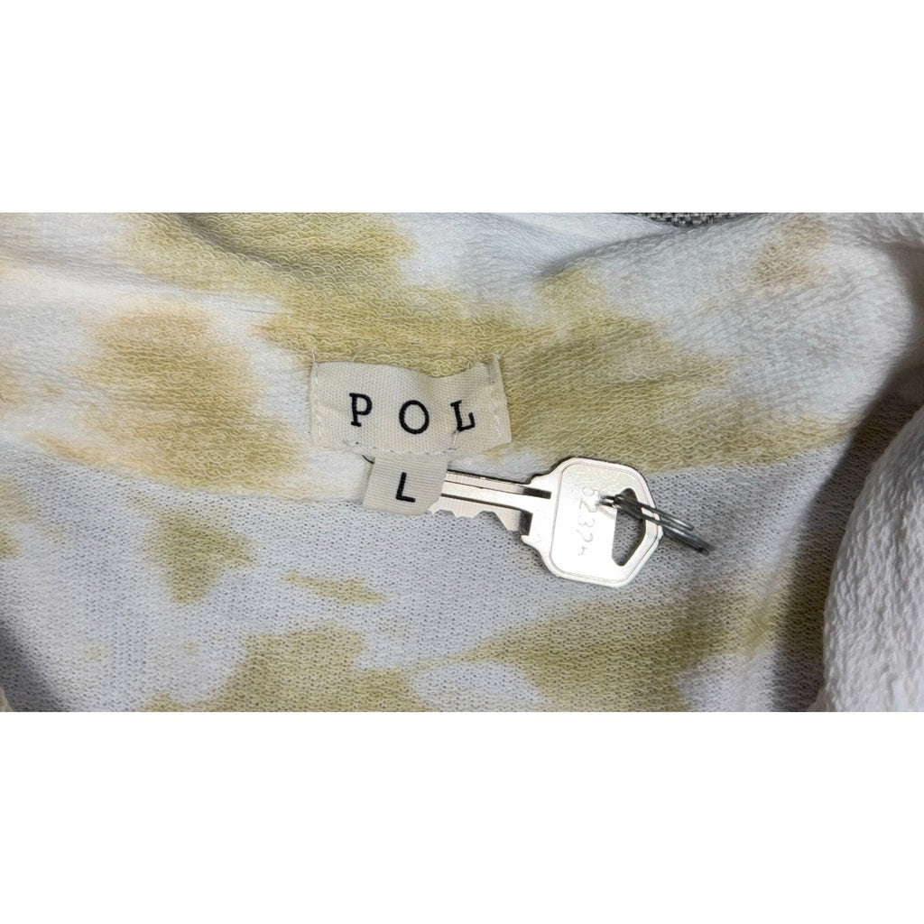 Second Half Supply Co, LLC POL brand label on a white and sage tie-dye French terry cotton shacket size Large