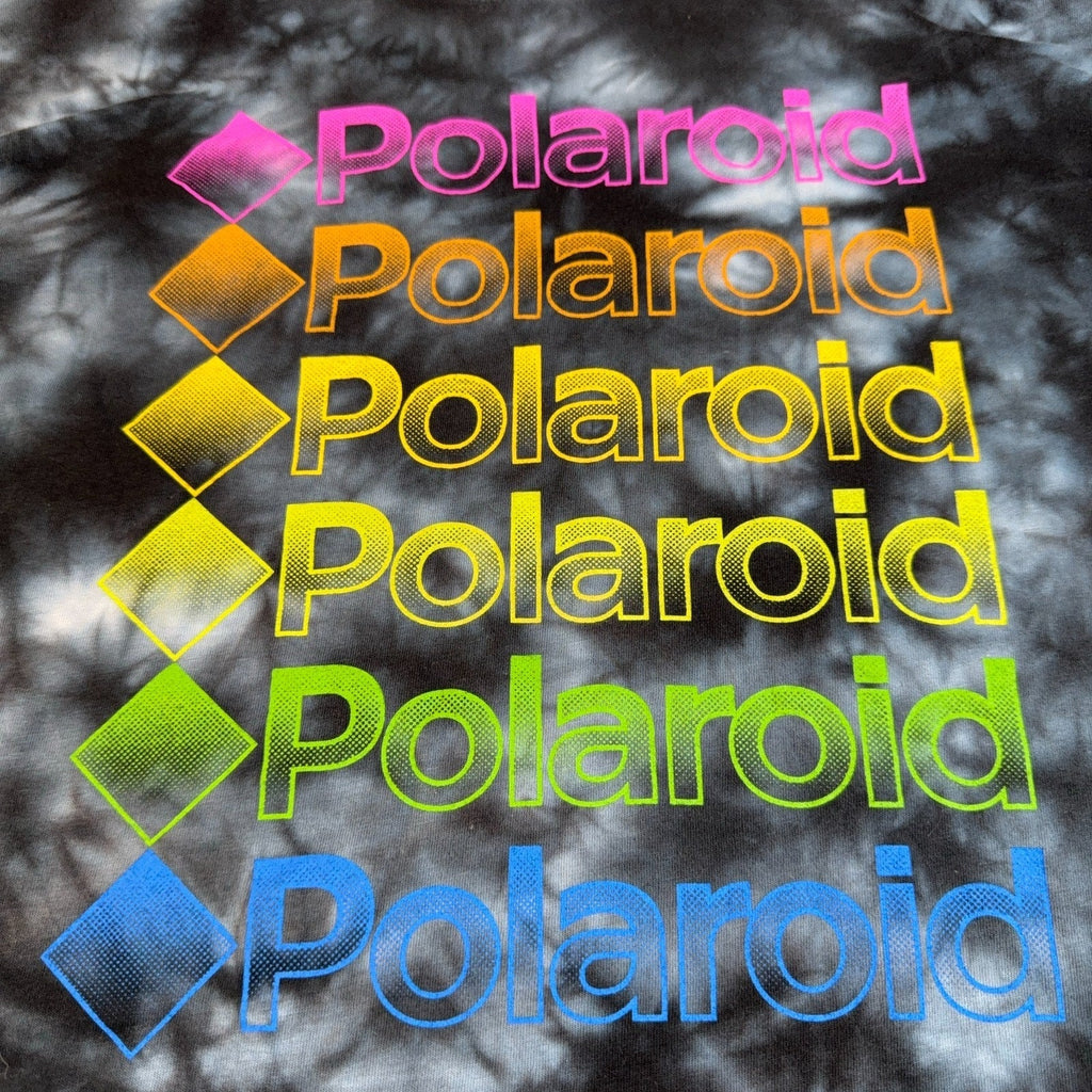 Second Half Supply Co, LLC black and gray tie-dye cropped shirt with repeating rainbow Polaroid logo graphic