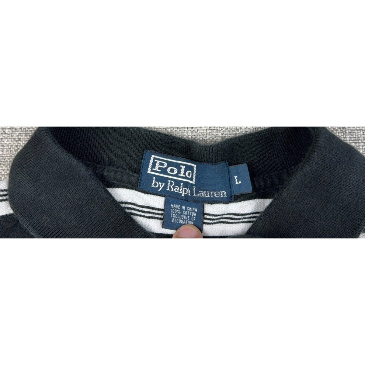 Second Half Supply Co, LLC Polo Ralph Lauren polo shirt size L label showing 100% cotton material and branding