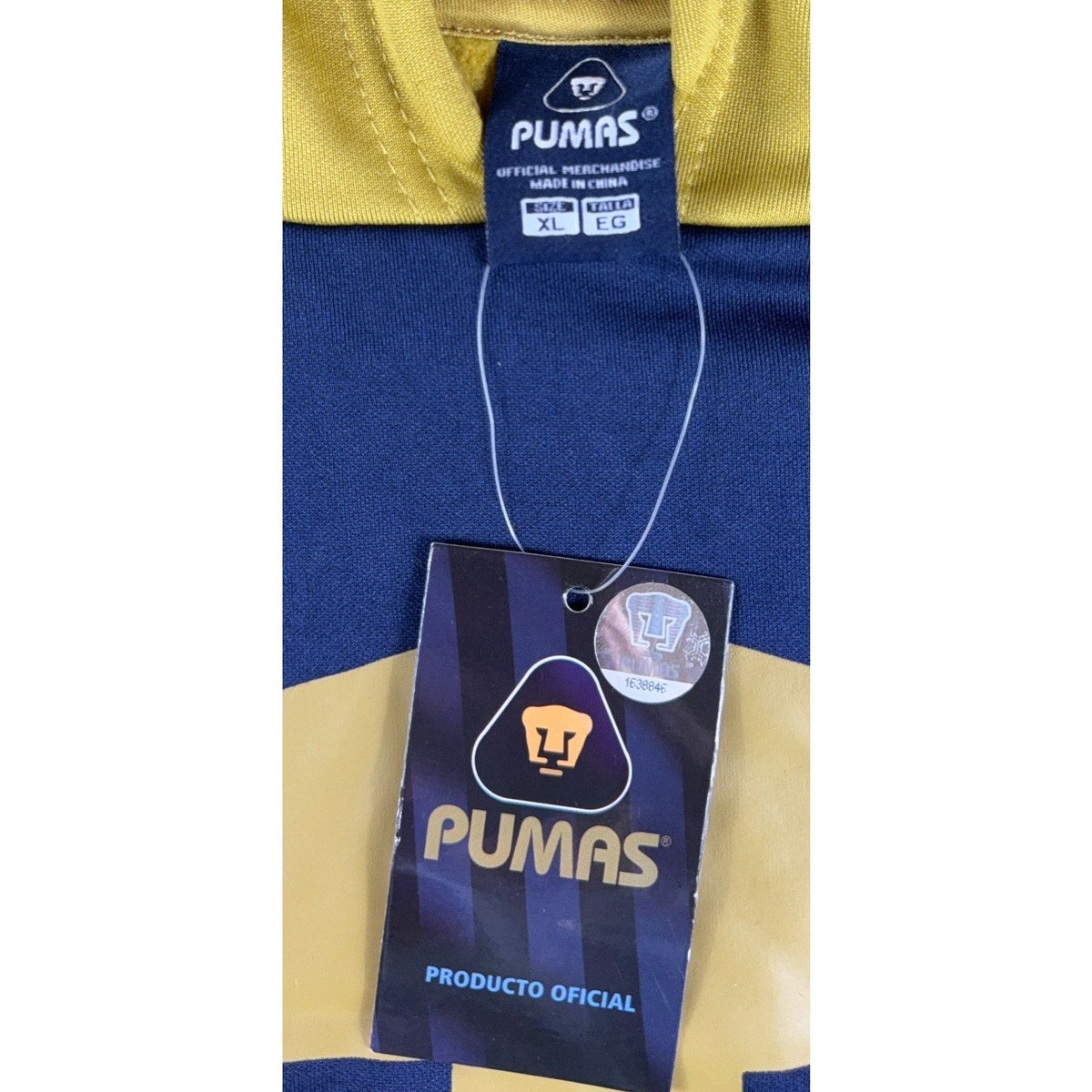 Second Half Supply Co, LLC Pumas UNAM navy blue and gold soccer hoodie with official merchandise tag
