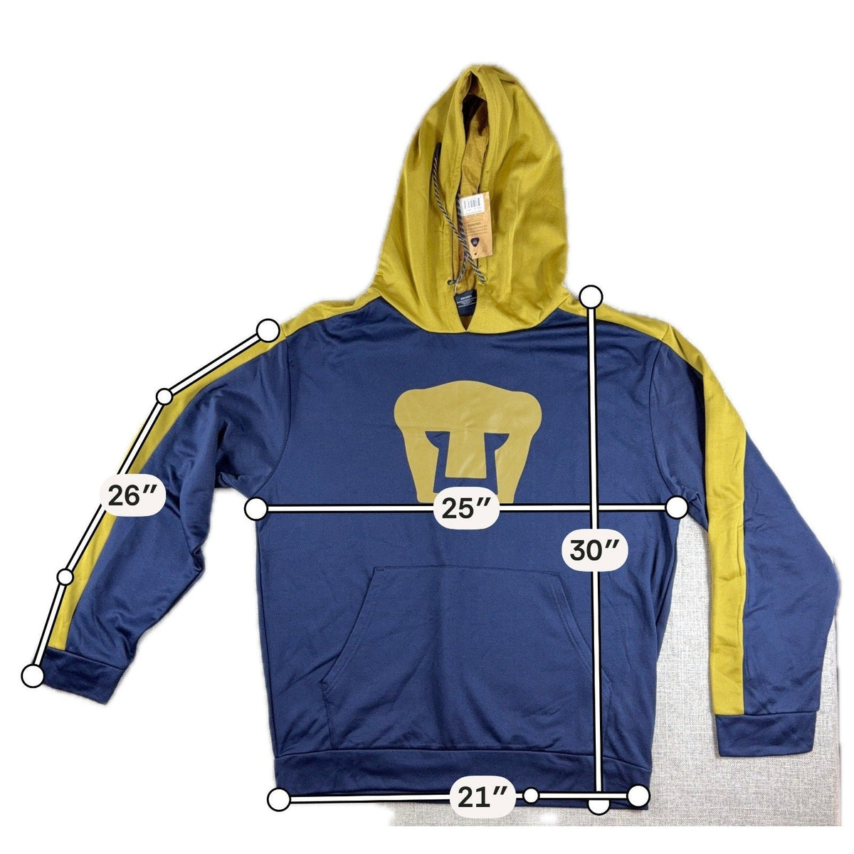 Second Half Supply Co, LLC Pumas UNAM navy blue and gold soccer pullover hoodie with front crest and measurement lines