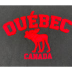 Second Half Supply Co, LLC black sweatshirt featuring red varsity-style Quebec Canada moose appliqué lettering