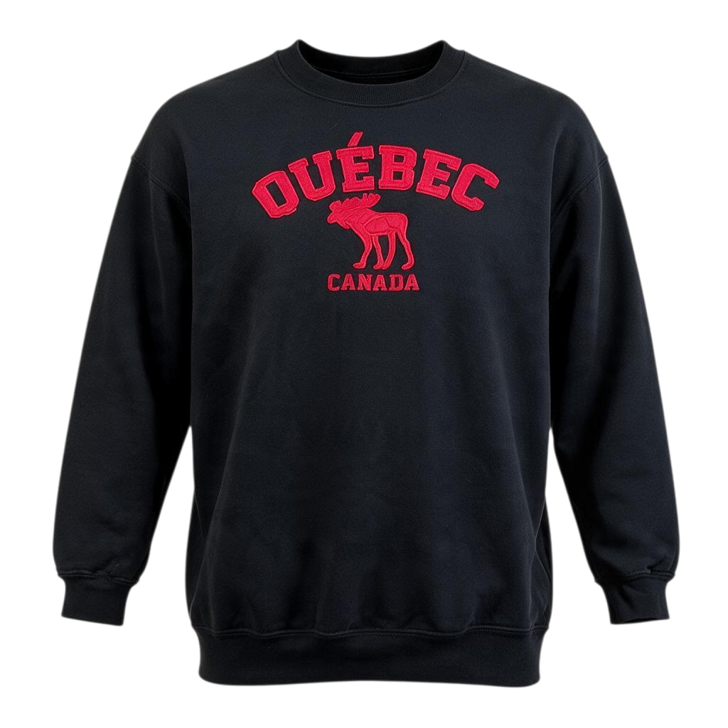 Second Half Supply Co, LLC black crewneck sweatshirt with red Québec moose appliqué and collegiate lettering.