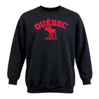 Second Half Supply Co, LLC black crewneck sweatshirt with red Québec moose appliqué and collegiate lettering.
