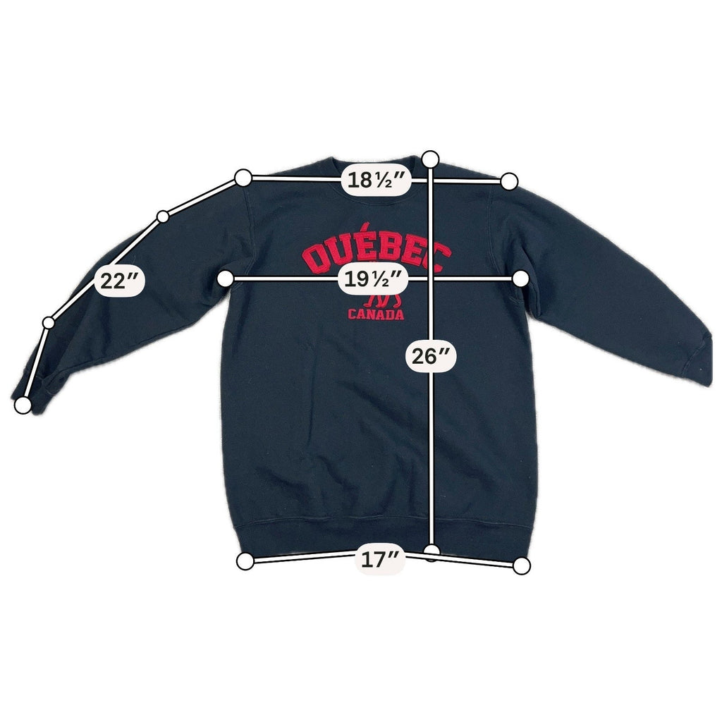 Second Half Supply Co, LLC black Quebec Canada moose sweatshirt with red varsity appliqué and measurement overlays.