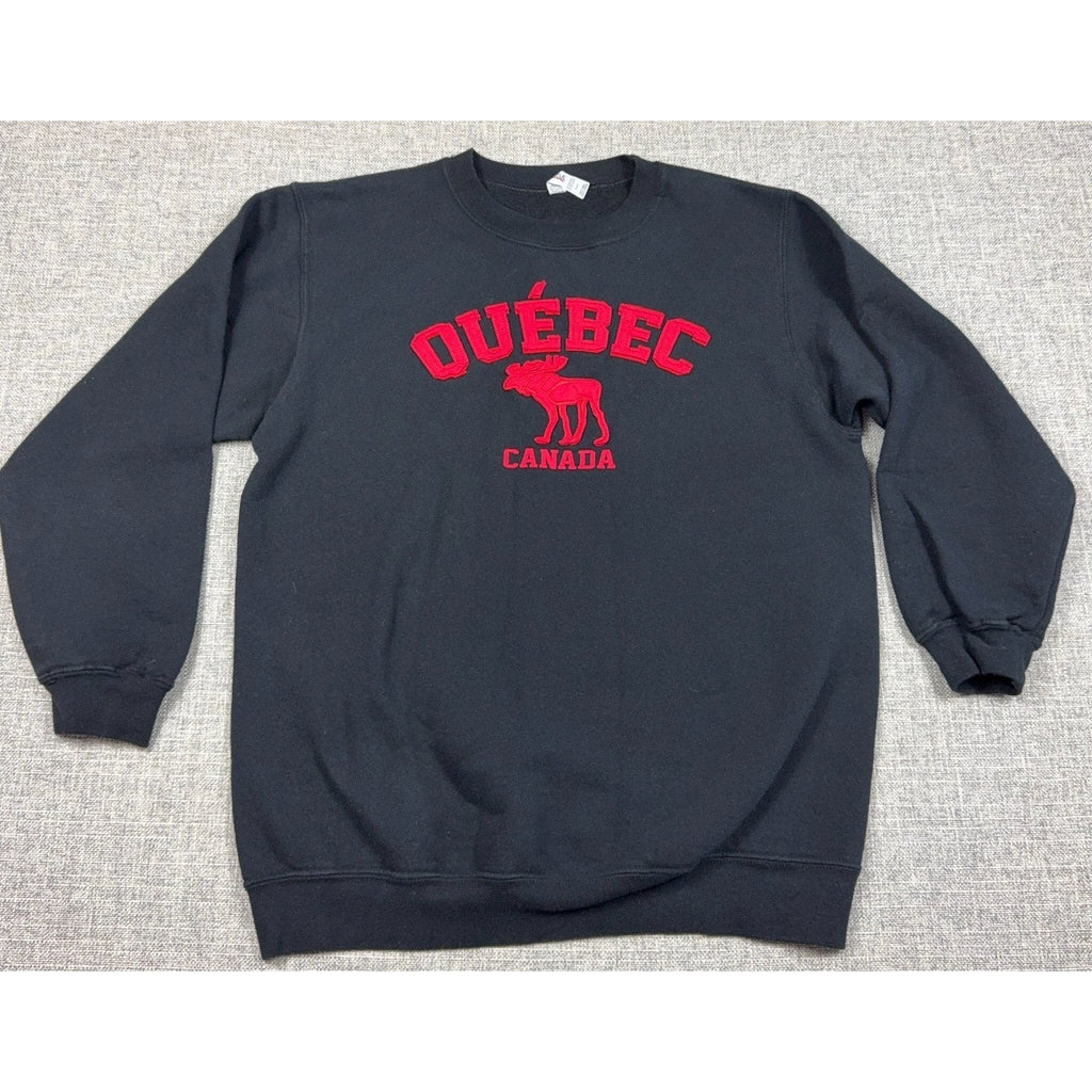 Second Half Supply Co, LLC black crewneck sweatshirt featuring red Quebec Canada moose appliqué lettering