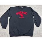 Second Half Supply Co, LLC black crewneck sweatshirt featuring red Quebec Canada moose appliqué lettering