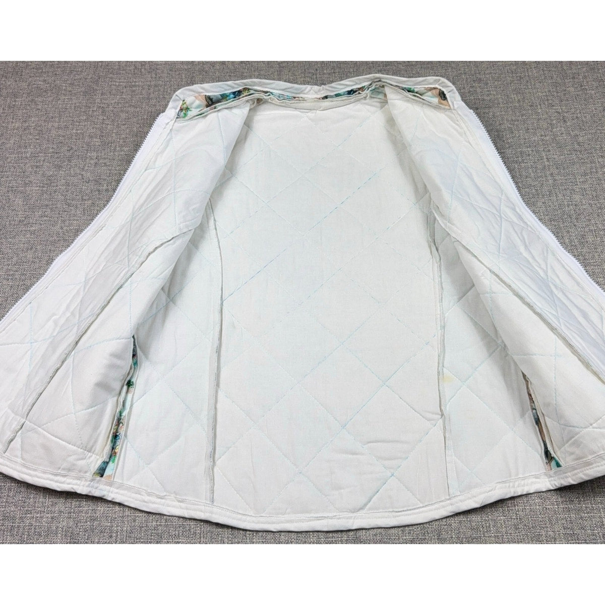 Second Half Supply Co, LLC handmade white diamond quilted vest interior with white contrast binding and zipper