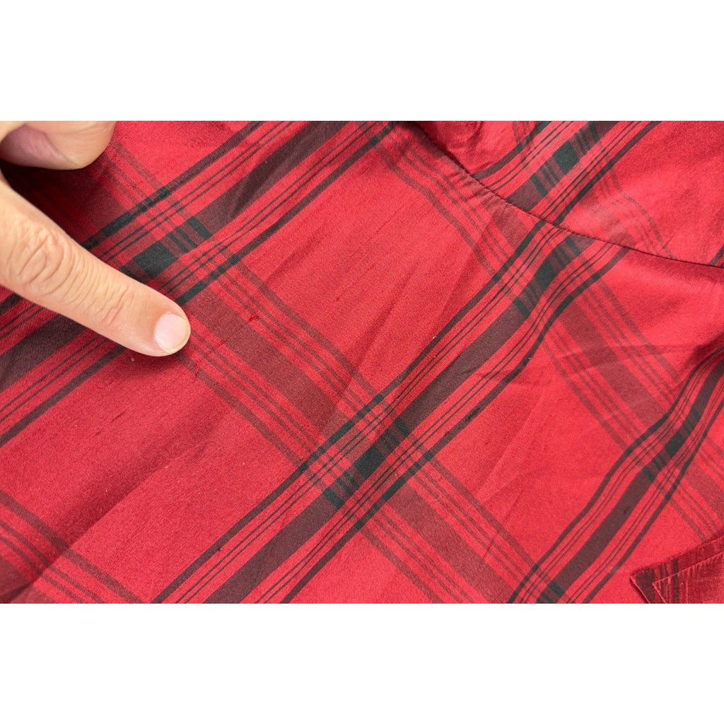 Second Half Supply Co, LLC red and black plaid silk shirt fabric showing a small snag detail