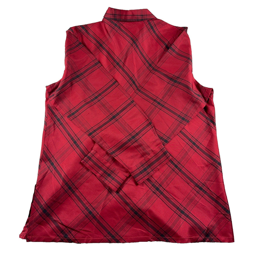 Back view of a Second Half Supply Co, LLC Coldwater Creek red and black plaid 100% silk tunic shirt with long sleeves.