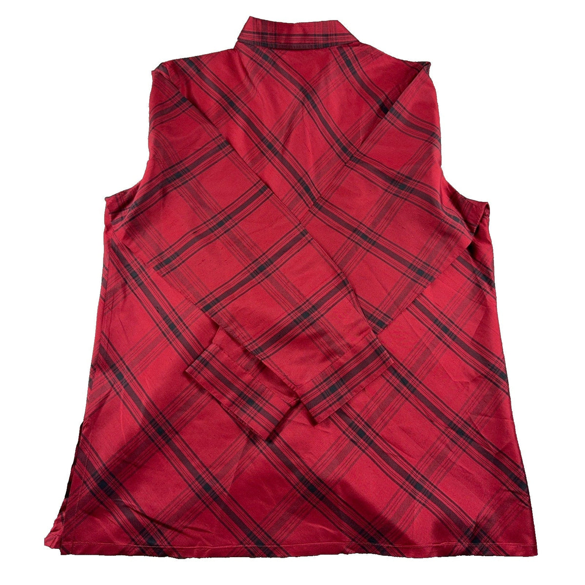 Back view of a Second Half Supply Co, LLC Coldwater Creek red and black plaid 100% silk tunic shirt with long sleeves.