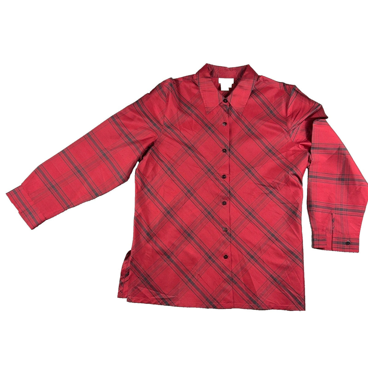 Second Half Supply Co, LLC Coldwater Creek red and black plaid 100% silk button-up tunic shirt with long sleeves.