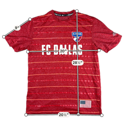 Second Half Supply Co, LLC red adidas FC Dallas MLS soccer shirt with tonal stripes and USA flag graphic