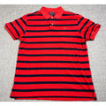 Second Half Supply Co, LLC red and navy striped cotton polo shirt with embroidered flag logo and two-button placket.
