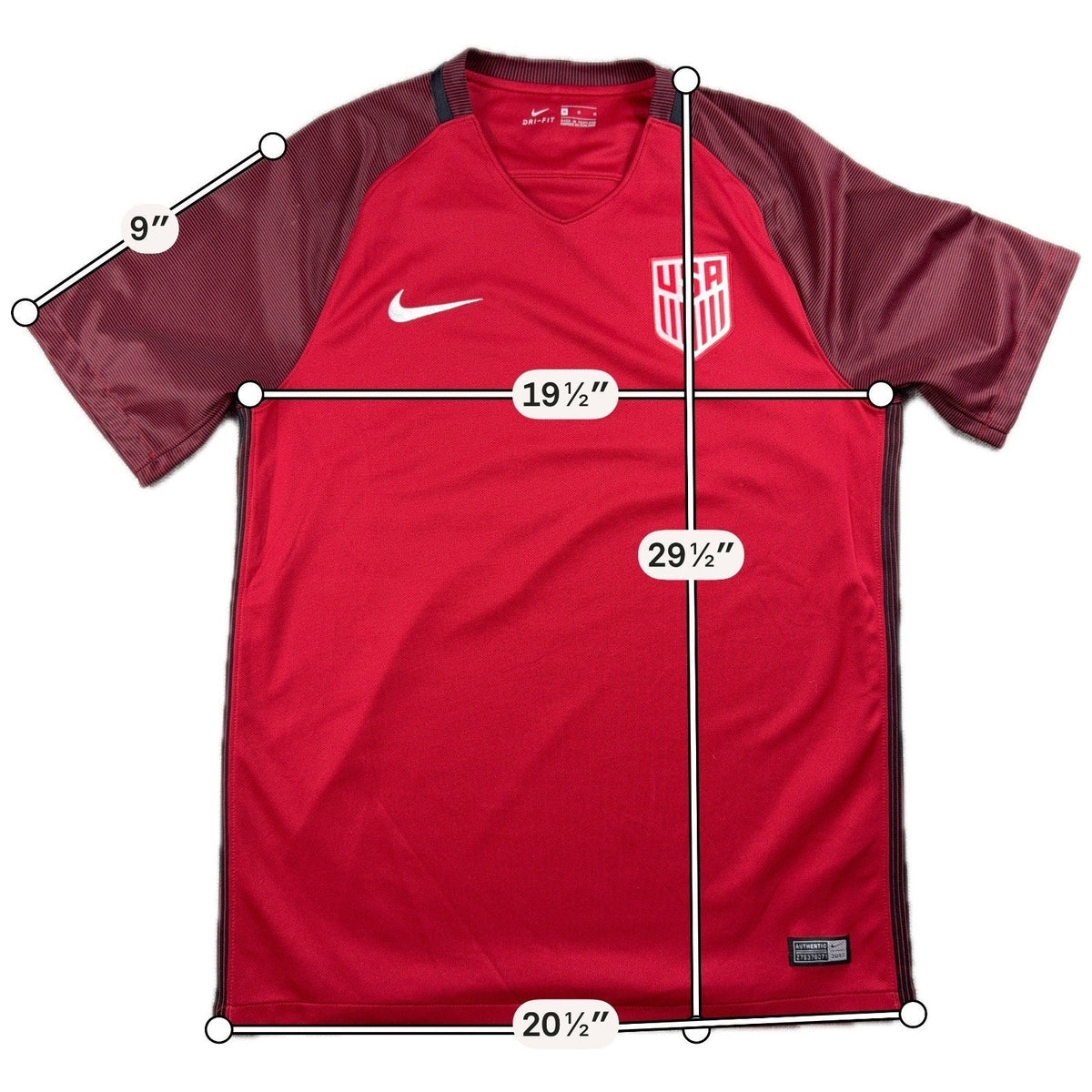 Second Half Supply Co, LLC red Nike USMNT soccer jersey with dark raglan sleeves, USA crest, and Dri-FIT fabric.