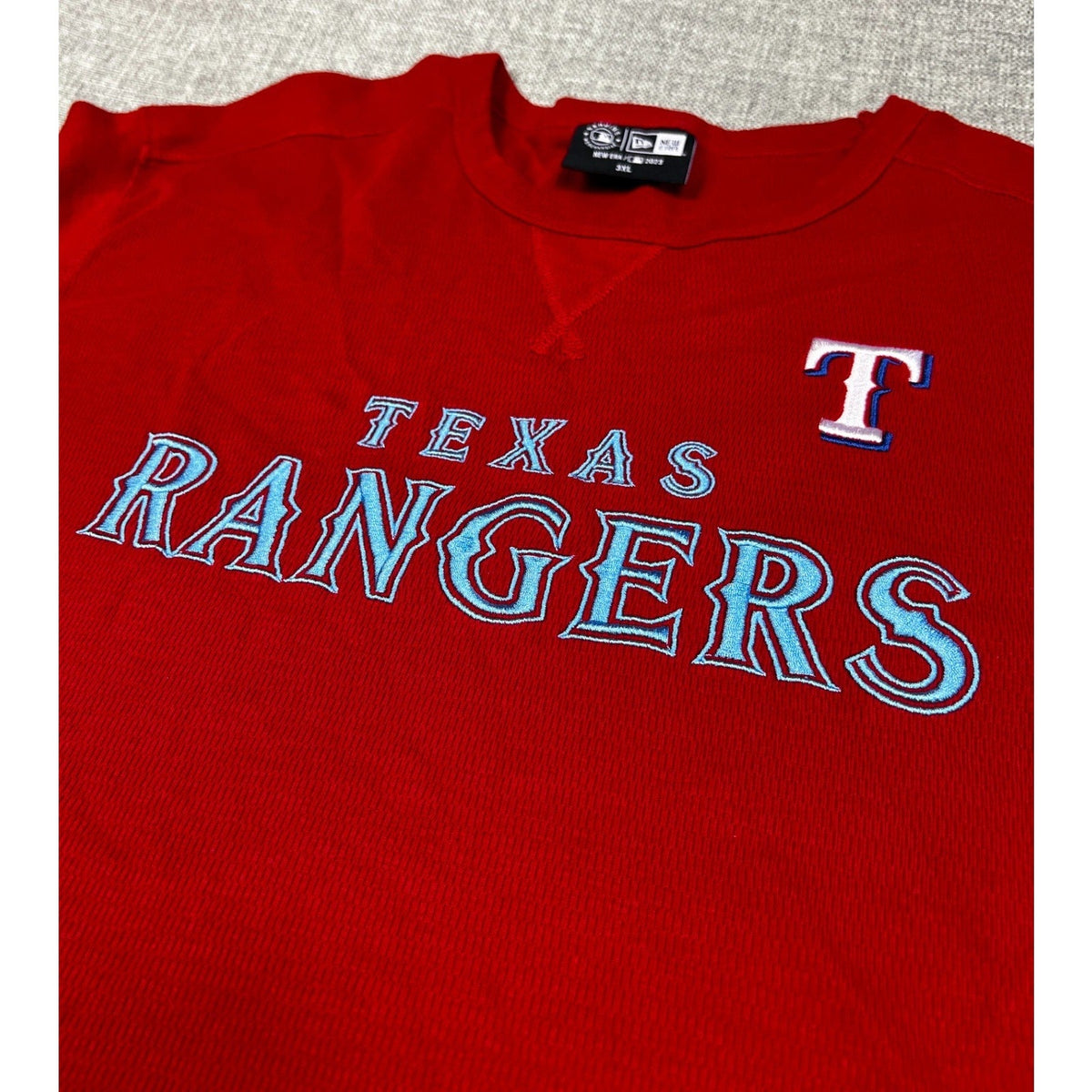 Second Half Supply Co, LLC red Texas Rangers short sleeve sweatshirt with embroidered lettering and logo