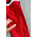 Second Half Supply Co, LLC vintage red satin varsity jacket sleeve detail with striped rib-knit cuff