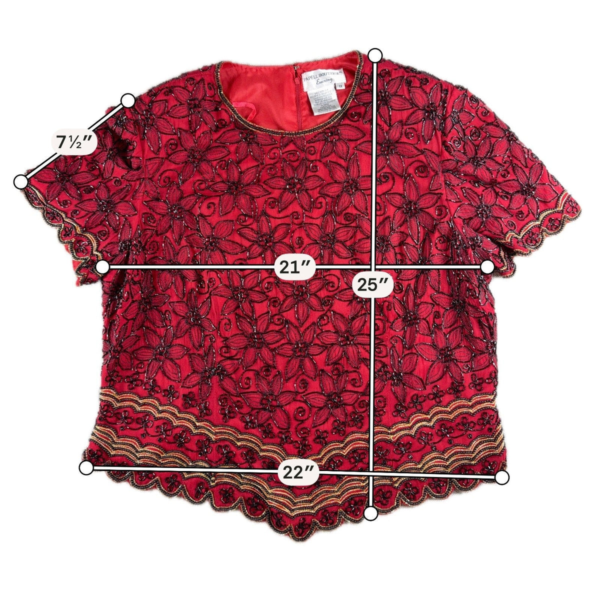 Second Half Supply Co, LLC vintage red silk beaded top with black floral embroidery and gold scalloped trim.