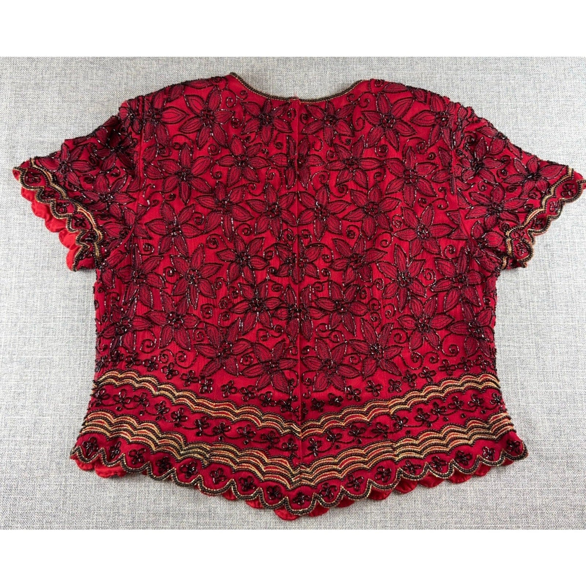 Second Half Supply Co, LLC vintage red silk beaded top with black floral embroidery and gold scalloped trim