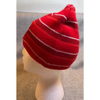 Second Half Supply Co, LLC red and white striped knit beanie hat for FC Dallas soccer fans on a mannequin head