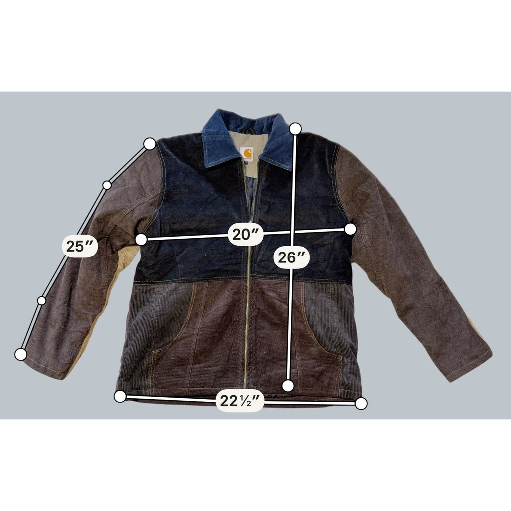 Second Half Supply Co, LLC reworked Carhartt patchwork jacket with brown corduroy, blue collar, and measurement lines.