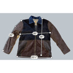 Second Half Supply Co, LLC reworked Carhartt patchwork jacket with brown corduroy, blue collar, and measurement lines.