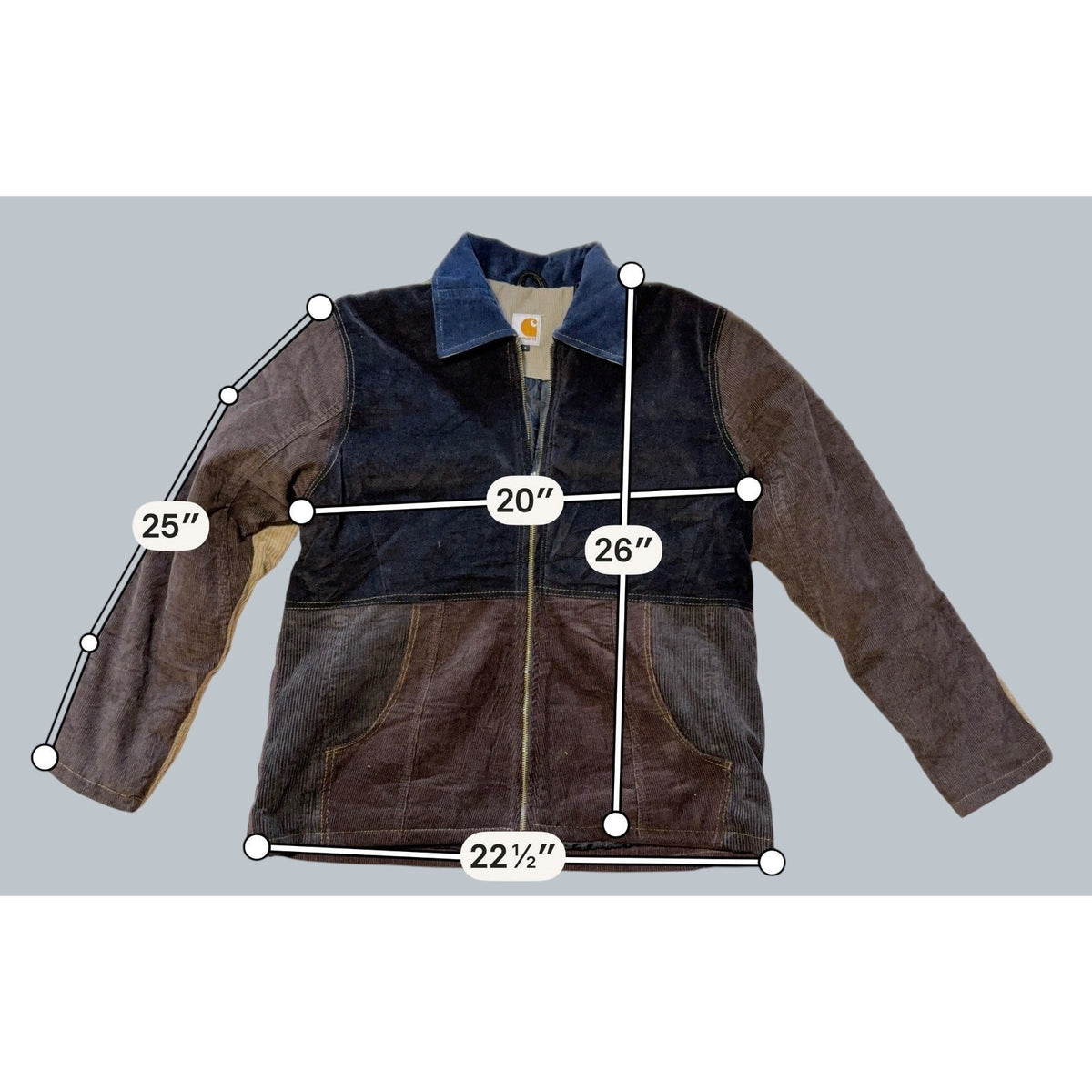 Second Half Supply Co, LLC reworked Carhartt patchwork jacket with brown corduroy, blue collar, and measurement lines.