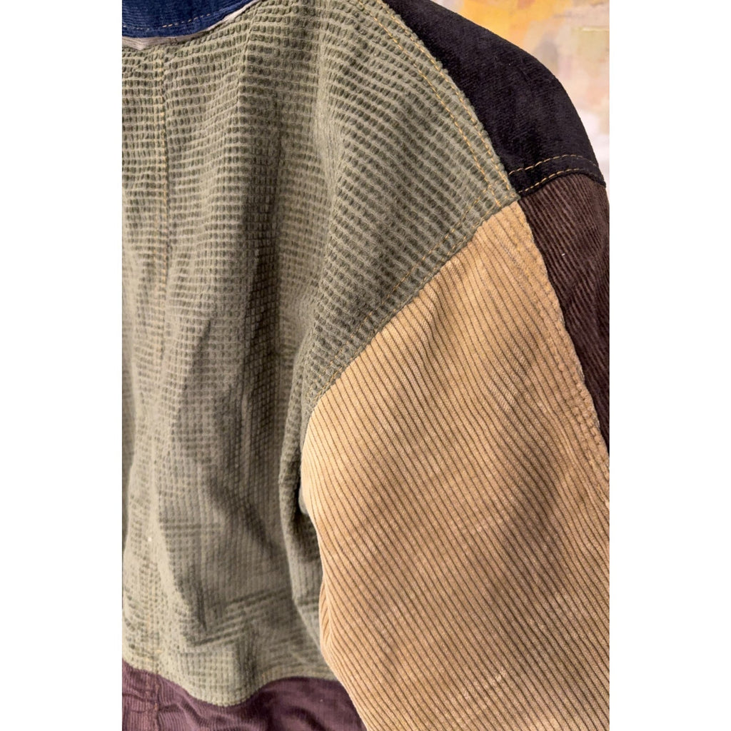 Second Half Supply Co, LLC reworked Carhartt jacket featuring olive waffle-texture back and tan corduroy sleeve panels.