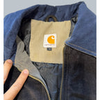 Second Half Supply Co, LLC reworked Carhartt patchwork jacket with blue corduroy collar and quilted lining