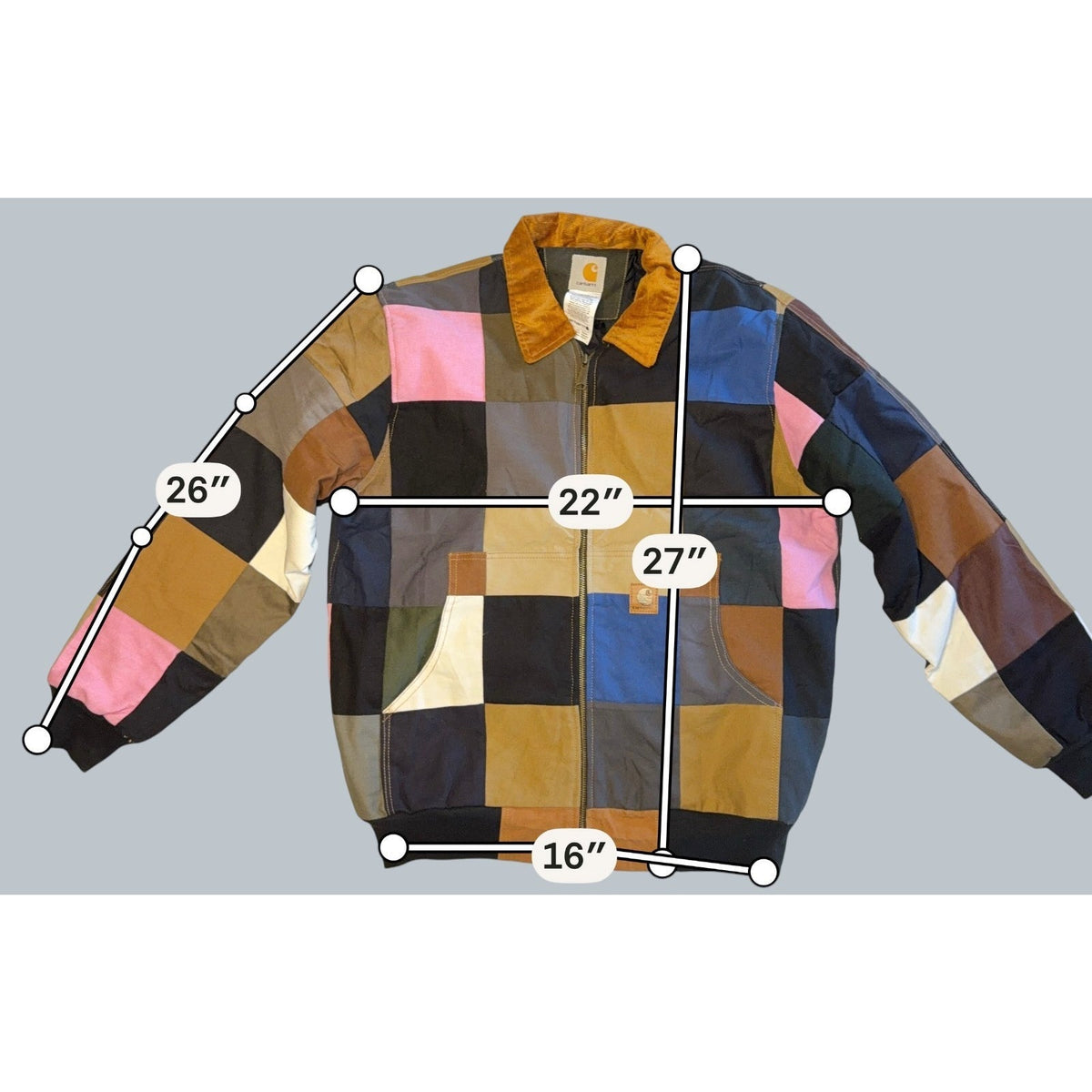 Second Half Supply Co, LLC reworked Carhartt patchwork jacket with multicolor panels and mustard corduroy collar
