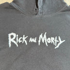 Second Half Supply Co, LLC black Rick and Morty pullover hoodie with white logo graphic on the chest