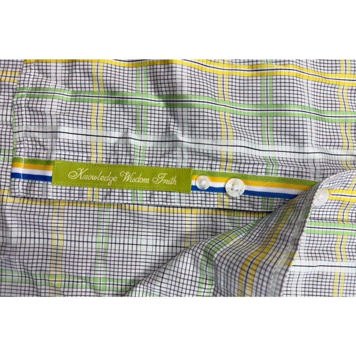 Second Half Supply Co, LLC Robert Graham men's plaid shirt featuring a lime green trim with Knowledge Wisdom Truth text